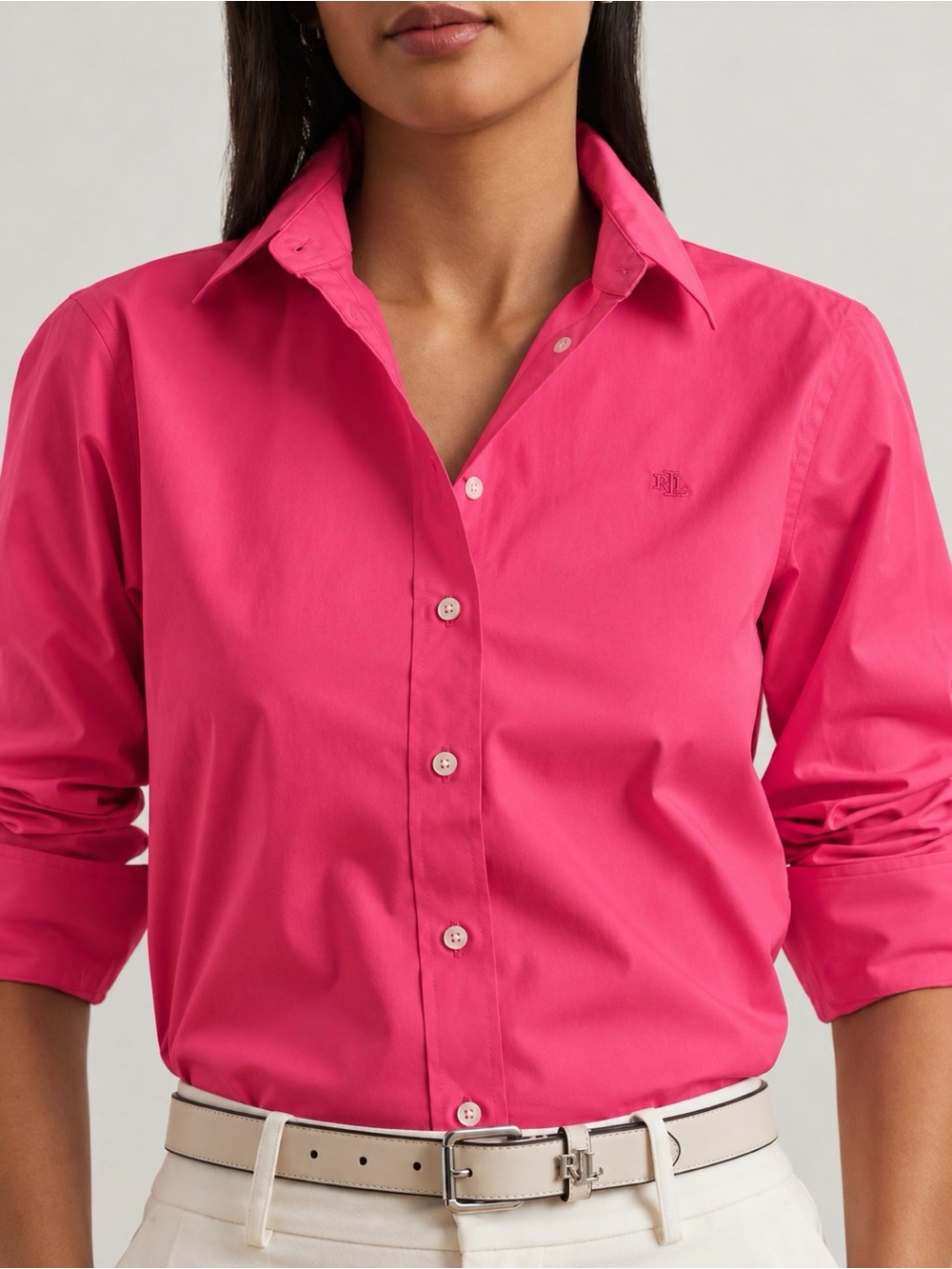 Lauren Ralph Lauren Non-Iron Cotton Button Down Shirt Hot Pink Women Size L